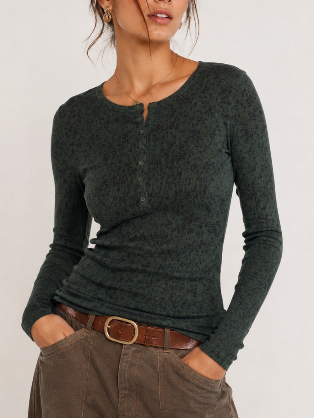 Levi's Dana Henley Mountain View Green Floral Ribbed Slim Fit Top NWT Small
